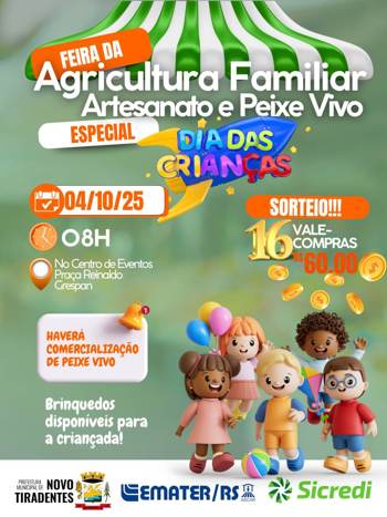 <p><span style="font-size: 12pt;"><strong>FEIRA DA AGRICULTURA FAMILIAR TER&Aacute; EDI&Ccedil;&Atilde;O ESPECIAL EM COMEMORA&Ccedil;&Atilde;O AO DIA DAS CRIAN&Ccedil;AS NESTE S&Aacute;BADO 04 DE OUTUBRO</strong></span></p>