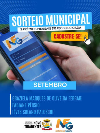 <p><span style="font-family: verdana, geneva, sans-serif; font-size: 12pt;"><strong>SORTEIO MUNICIPAL DO PROGRAMA NOTA FISCAL GA&Uacute;CHA - SETEMBRO</strong></span></p>