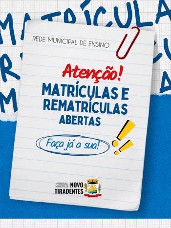 <p><span style="font-family: verdana, geneva, sans-serif; font-size: 12pt;"><strong>ABERTO O PER&Iacute;ODO DE MATR&Iacute;CULAS E REMATR&Iacute;CULAS NA REDE MUNICIPAL DE ENSINO DE NOVO TIRADENTES</strong></span></p>