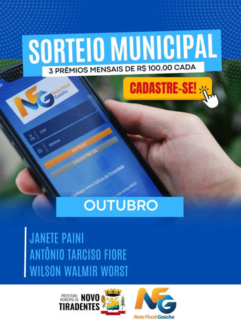 <p><span style="font-family: verdana, geneva, sans-serif; font-size: 12pt;"><strong>SORTEIO MUNICIPAL DO PROGRAMA NOTA FISCAL GA&Uacute;CHA - OUTUBRO</strong></span></p>
<p>&nbsp;</p>