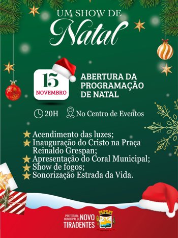 <p><span style="font-family: verdana, geneva, sans-serif; font-size: 12pt;"><strong>NOVO TIRADENTES D&Aacute; IN&Iacute;CIO A &ldquo;UM SHOW DE NATAL&rdquo; NESTE S&Aacute;BADO, 15 DE NOVEMBRO </strong></span></p>