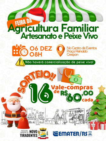 <p><span style="font-family: verdana, geneva, sans-serif; font-size: 12pt;"><strong>FEIRA DA AGRICULTURA FAMILIAR E ARTESANATO TER&Aacute; EDI&Ccedil;&Atilde;O ESPECIAL DE FIM DE ANO NO S&Aacute;BADO, 06 DE DEZEMBRO</strong></span></p>