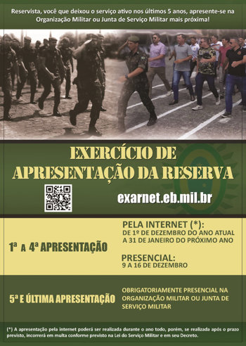 <p><span style="font-family: verdana, geneva, sans-serif; font-size: 12pt;"><strong>EX&Eacute;RCITO BRASILEIRO CONVOCA RESERVISTAS PARA O EXERC&Iacute;CIO DE APRESENTA&Ccedil;&Atilde;O DA RESERVA</strong></span></p>