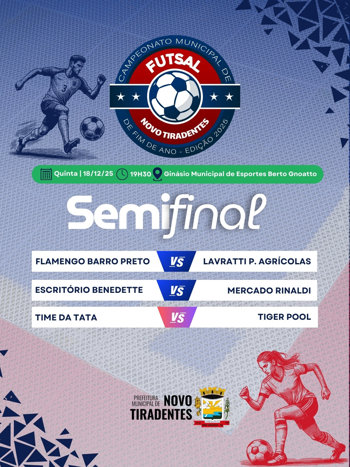 <p><span style="font-family: verdana, geneva, sans-serif; font-size: 12pt;"><strong>SEMIFINAIS DO CAMPEONATO MUNICIPAL DE FUTSAL ACONTECEM NESTA QUINTA-FEIRA, 18 DE DEZEMBRO</strong></span></p>
