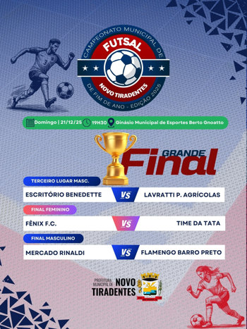 <p><span style="font-family: verdana, geneva, sans-serif; font-size: 12pt;"><strong>GRANDE FINAL DO CAMPEONATO MUNICIPAL DE FUTSAL ACONTECE NESTE DOMINGO, 21 DE DEZEMBRO</strong></span></p>