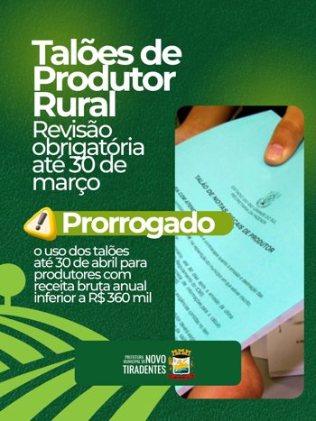 <p><span style="font-family: verdana, geneva, sans-serif; font-size: 12pt;"><strong>REVIS&Atilde;O OBRIGAT&Oacute;RIA DOS TAL&Otilde;ES DE PRODUTOR DEVE SER FEITA AT&Eacute; 30 DE MAR&Ccedil;O EM NOVO TIRADENTES</strong></span></p>