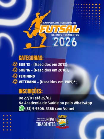 <p><span style="font-family: verdana, geneva, sans-serif; font-size: 12pt;"><strong>VEM A&Iacute; O CAMPEONATO MUNICIPAL DE FUTSAL 2026 EM NOVO TIRADENTES</strong></span></p>