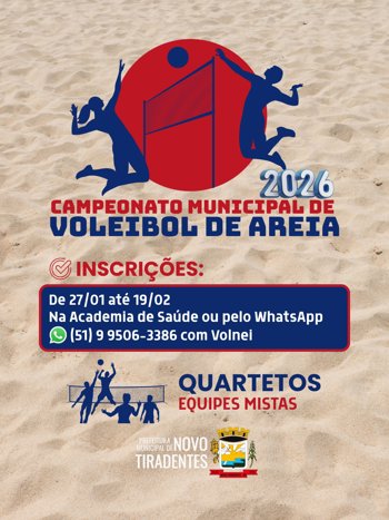 <p><span style="font-family: verdana, geneva, sans-serif; font-size: 12pt;"><strong>NOVO TIRADENTES TER&Aacute; CAMPEONATO MUNICIPAL DE VOLEIBOL DE AREIA EM 2026</strong></span></p>