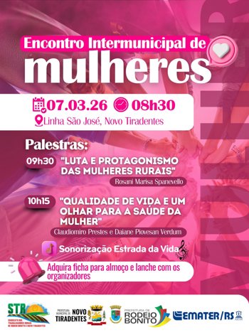 <p><span style="font-size: 12pt; font-family: verdana, geneva, sans-serif;"><strong>ENCONTRO INTERMUNICIPAL DE MULHERES SER&Aacute; REALIZADO NO DIA 07 DE MAR&Ccedil;O EM NOVO TIRADENTES</strong></span></p>