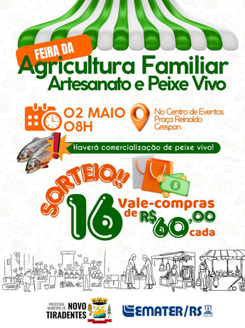<span style="font-family: 'arial black', sans-serif; font-size: 12pt;">FEIRA DA AGRICULTURA FAMILIAR, ARTESANATO E PEIXE VIVO ACONTECE NESTE S&Aacute;BADO, 02 DE MAIO, EM NOVO TIRADENTES</span>