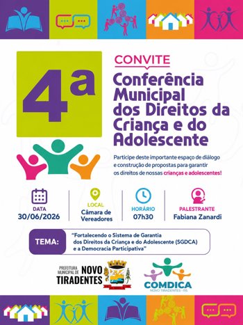 <span style="font-family: 'arial black', sans-serif; font-size: 12pt;">NOVO TIRADENTES REALIZAR&Aacute; A 4&ordf; CONFER&Ecirc;NCIA MUNICIPAL DOS DIREITOS DA CRIAN&Ccedil;A E DO ADOLESCENTE</span>