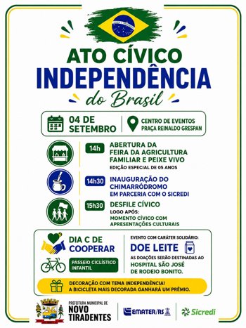 <span style="font-family: 'arial black', sans-serif; font-size: 12pt;">NOVO TIRADENTES REALIZA ATO C&Iacute;VICO DA INDEPEND&Ecirc;NCIA COM PROGRAMA&Ccedil;&Atilde;O ESPECIAL E A&Ccedil;&Otilde;ES DE INTEGRA&Ccedil;&Atilde;O</span>