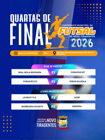 <span style="font-family: 'arial black', sans-serif; font-size: 12pt;">QUARTAS DE FINAL DO CAMPEONATO MUNICIPAL DE FUTSAL 2026 ACONTECEM NA PR&Oacute;XIMA QUARTA-FEIRA</span>