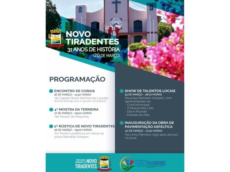 NOVO TIRADENTES IRÁ COMEMORAR 31 ANOS DE EMANCIPAÇÃO POLÍTICO-ADMINISTRATIVA EM 2023  
