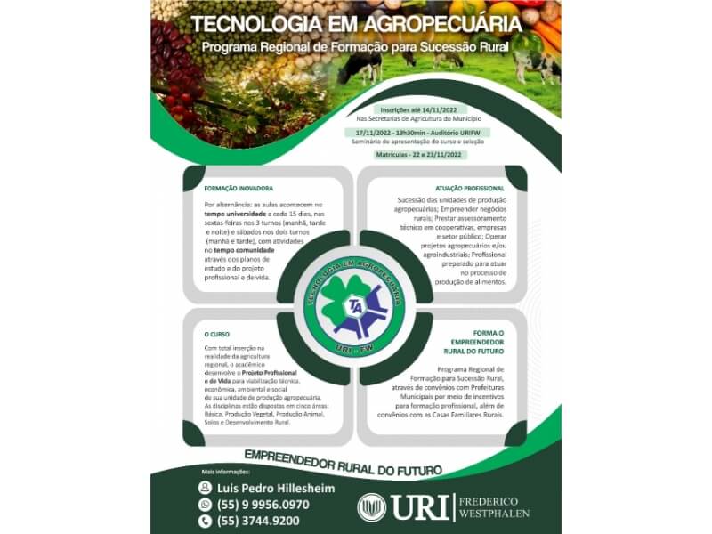 PREFEITURA DE NOVO TIRADENTES FIRMA CONVÊNIO COM A URI PARA BOLSAS PARCIAIS NO CURSO DE TECNOLOGIA EM AGROPECUÁRIA