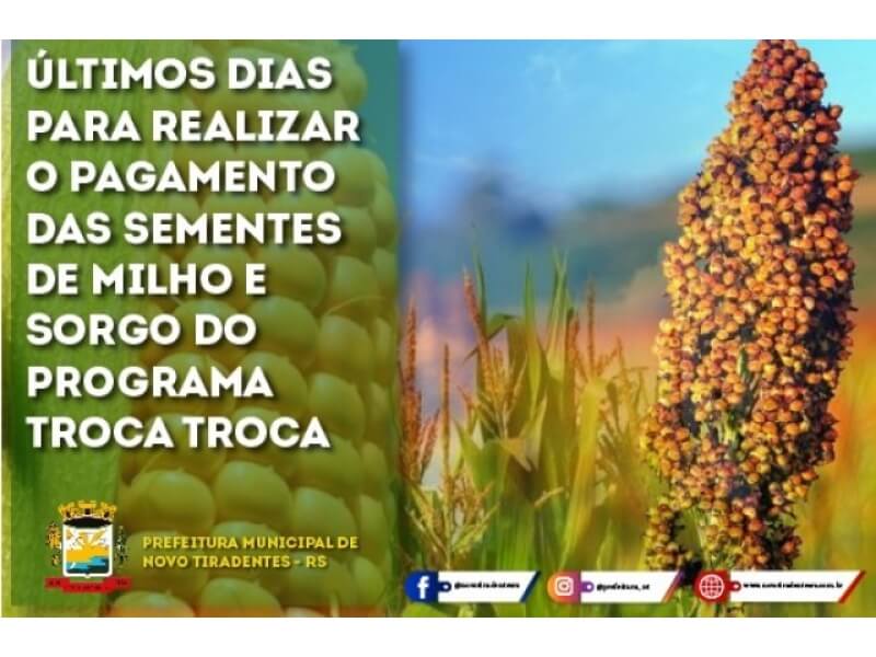 ÃŠLTIMOS DIAS PARA REALIZAR O PAGAMENTO DAS SEMENTES DE MILHO E SORGO DO PROGRAMA TROCA TROCA