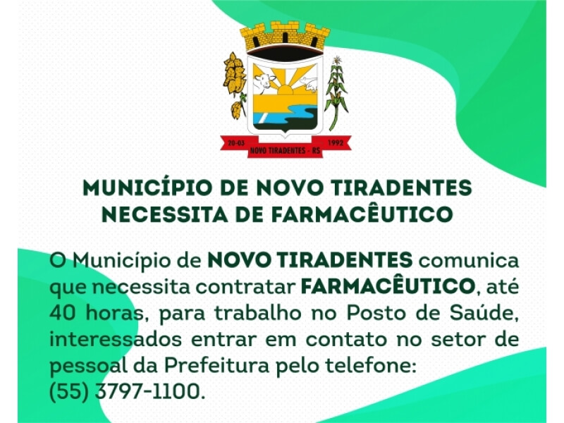 MUNICÍPIO DE NOVO TIRADENTES NECESSITA DE FARMACÊUTICO
