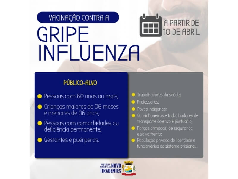 CAMPANHA DE VACINAÇÃO CONTRA A GRIPE INFLUENZA INICIA NO DIA 10 DE ABRIL