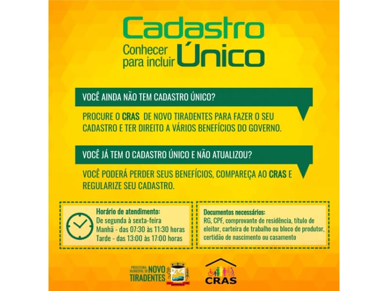 CRAS DE NOVO TIRADENTES ESTÁ REALIZANDO A ATUALIZAÇÃO DO CADASTRO ÚNICO