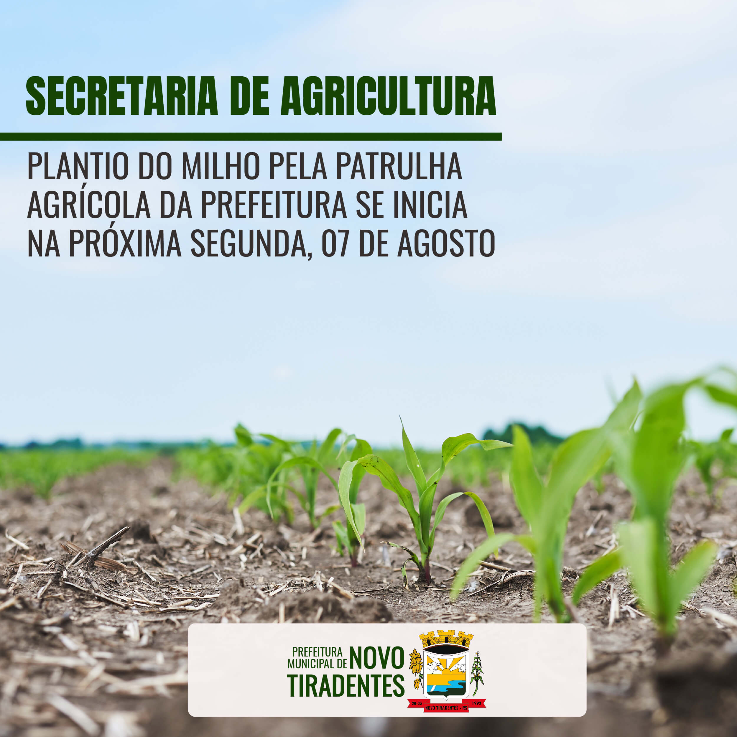 SECRETARIA DA AGRICULTURA DE NOVO TIRADENTES INICIARÁ O PLANTIO DO MILHO NA PRÓXIMA SEGUNDA, 07 DE AGOSTO