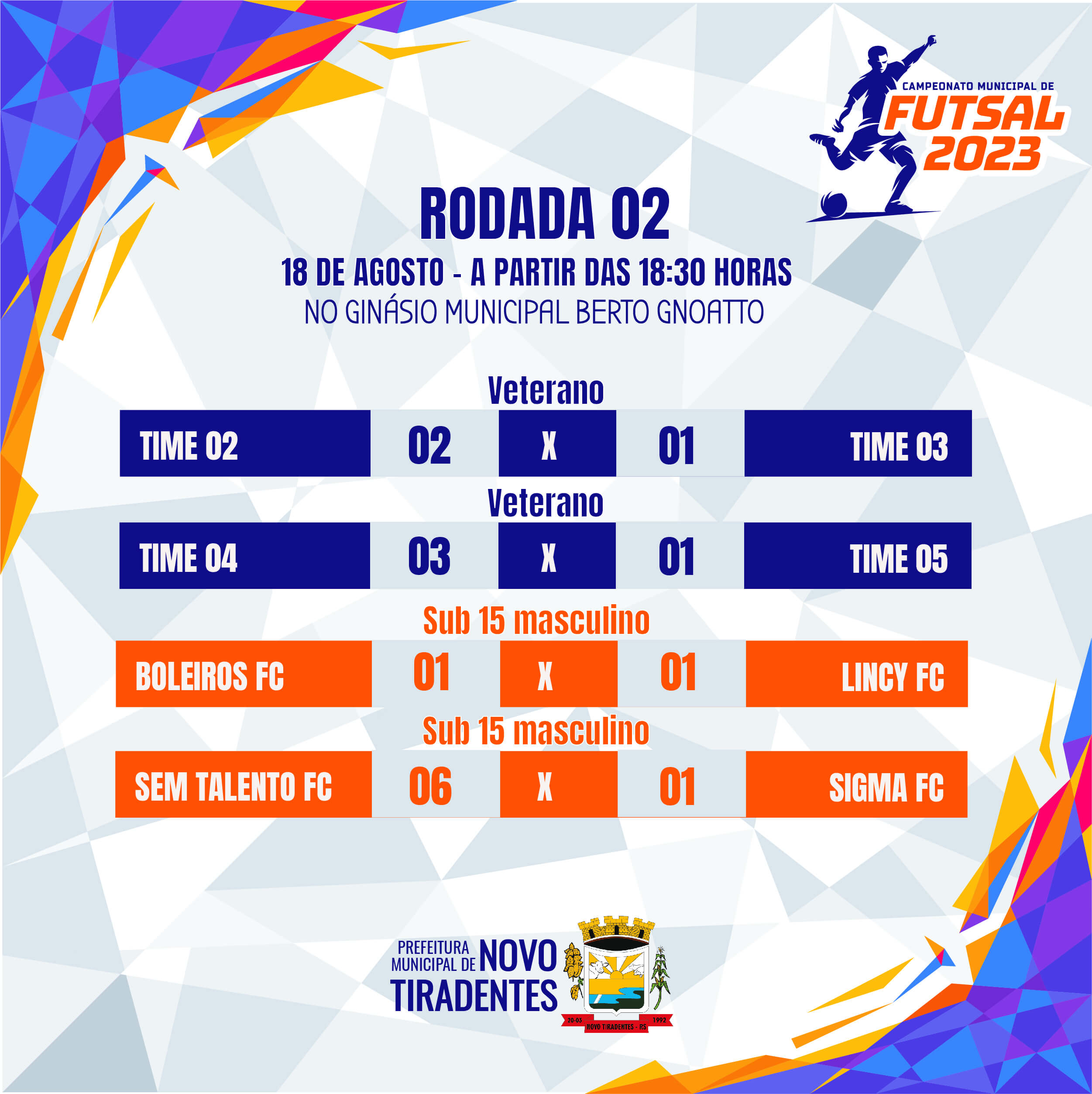 CONFIRA OS RESULTADOS DA SEGUNDA RODADA DO CAMPEONATO MUNICIPAL DE FUTSAL DE NOVO TIRADENTES