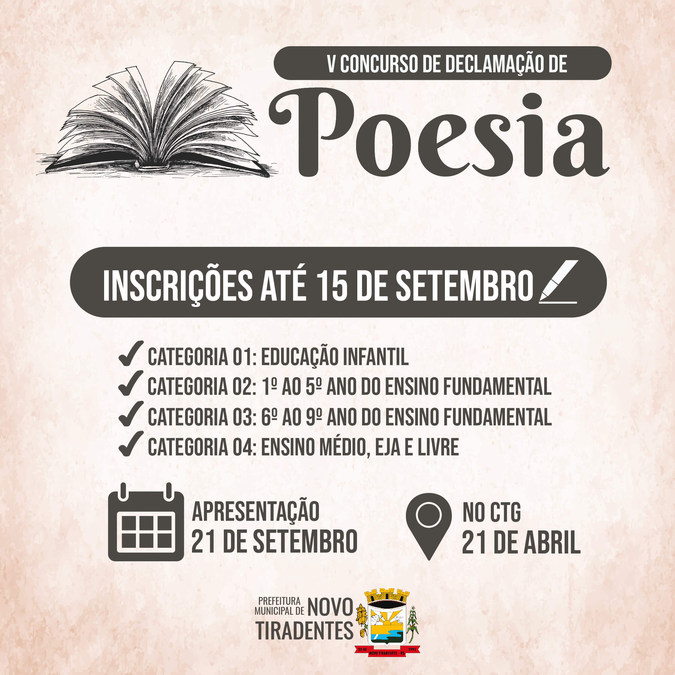 ESTÃO ABERTAS AS INSCRIÇÕES PARA O V CONCURSO MUNICIPAL DE DECLAMAÇÃO DE POESIA EDIÇÃO 2023