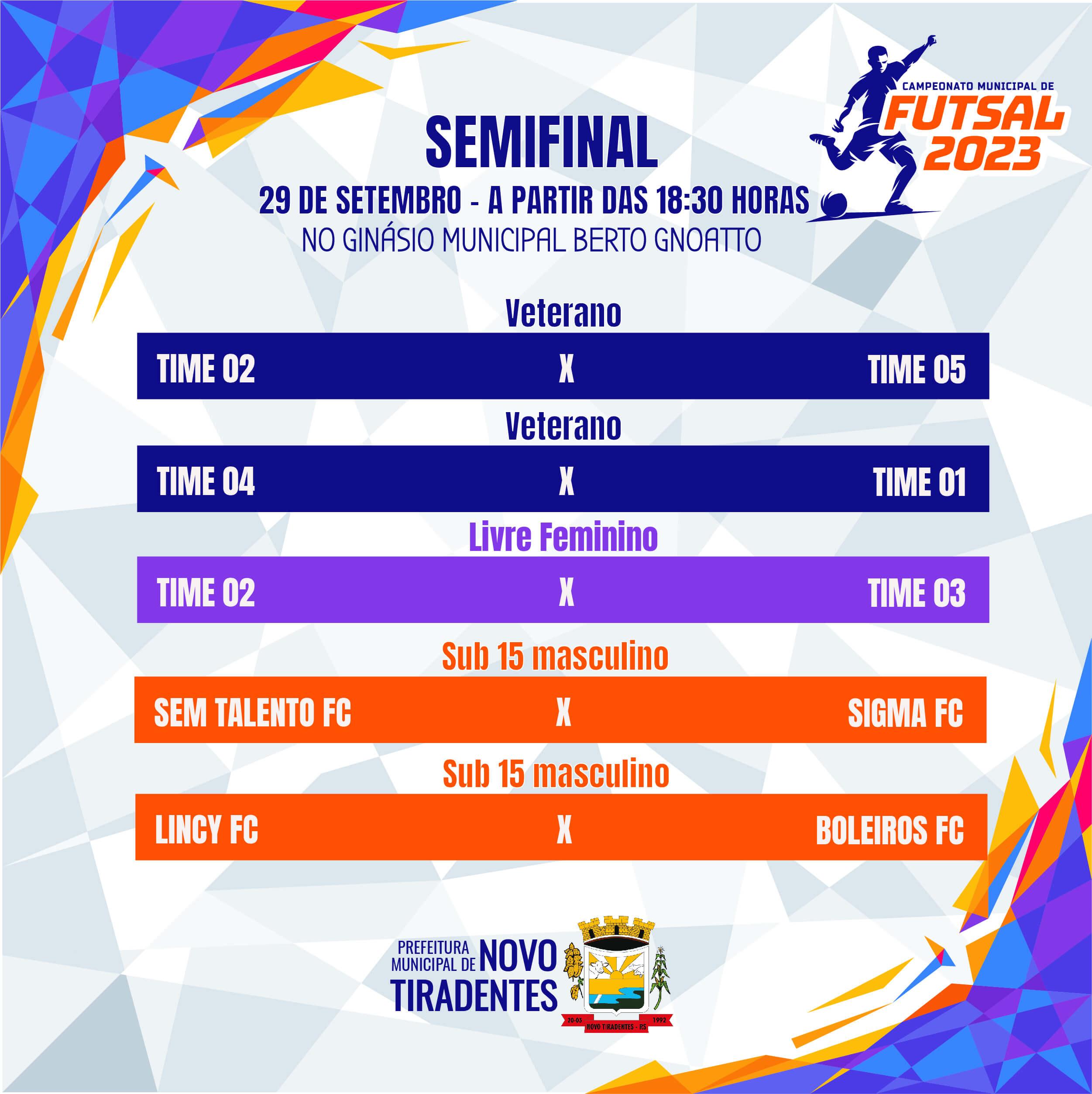 SEXTA-FEIRA, 29, TERÁ RODADA SEMIFINAL DO CAMPEONATO MUNICIPAL DE FUTSAL DE NOVO TIRADENTES