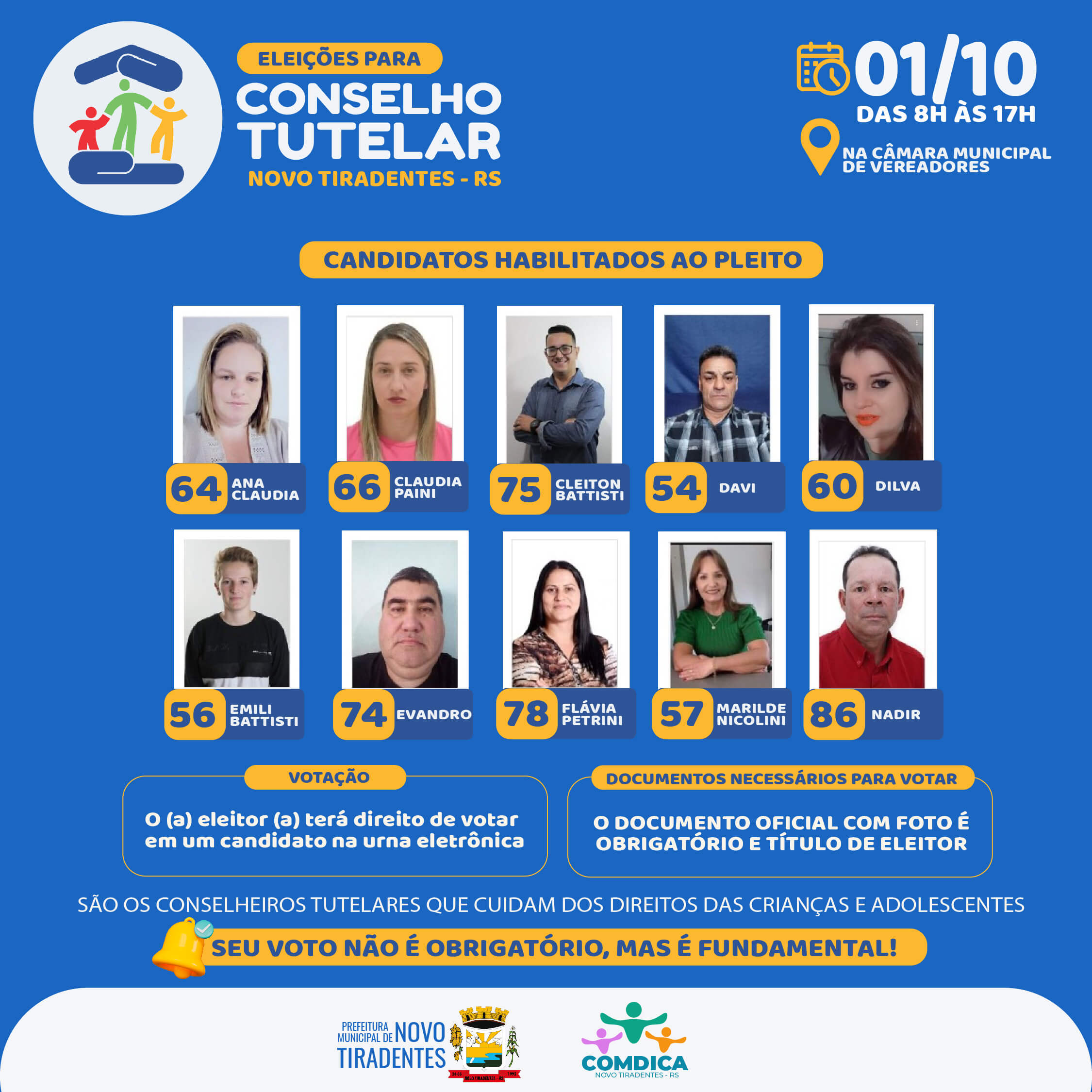 CONFIRA OS CANDIDATOS HABILITADOS AO PLEITO DE CONSELHEIROS TUTELARES DE NOVO TIRADENTES