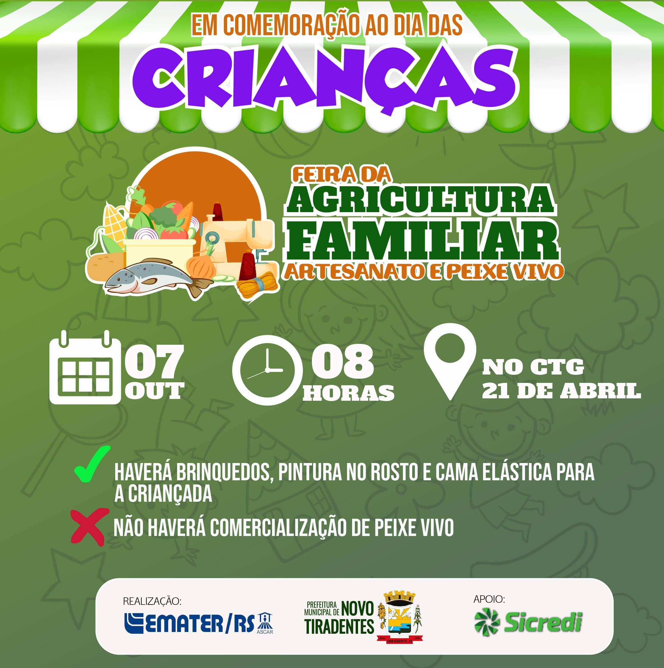 NESTE SÁBADO, 07 DE OUTUBRO, ACONTECERÁ MAIS UMA EDIÇÃO DA FEIRA DA AGRICULTURA FAMILIAR, ARTESANATO E PEIXE VIVO