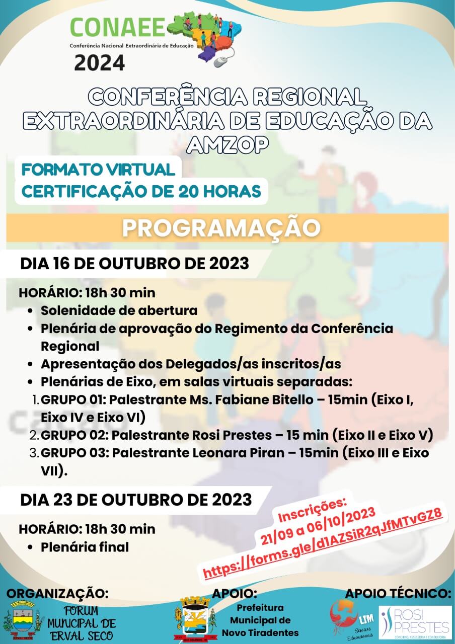 SECRETARIA DE EDUCAÇÃO CONVIDA PARA CONFERÊNCIA EXTRAORDINÁRIA REGIONAL DE EDUCAÇÃO AMZOP