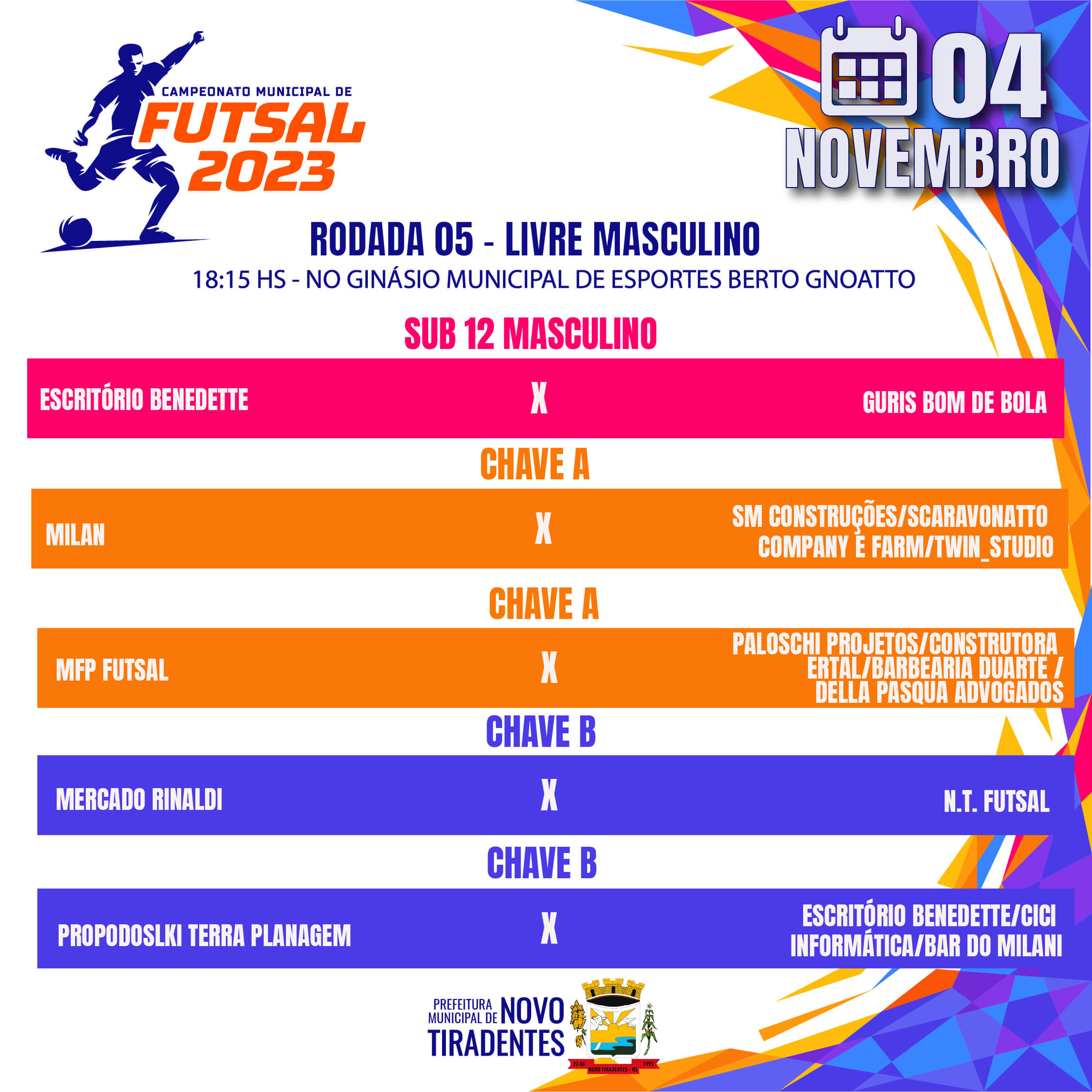 A QUINTA RODADA DO CAMPEONATO MUNICIPAL DE FUTSAL ACONTECERÁ NO SÁBADO, 04 DE NOVEMBRO