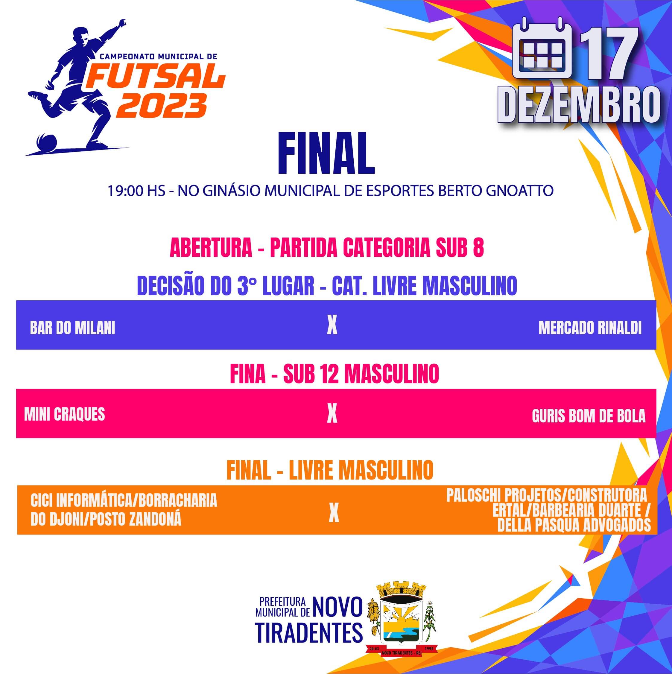 DOMINGO É DIA DE FINAL NO CAMPEONATO MUNICIPAL DE FUTSAL DE NOVO TIRADENTES