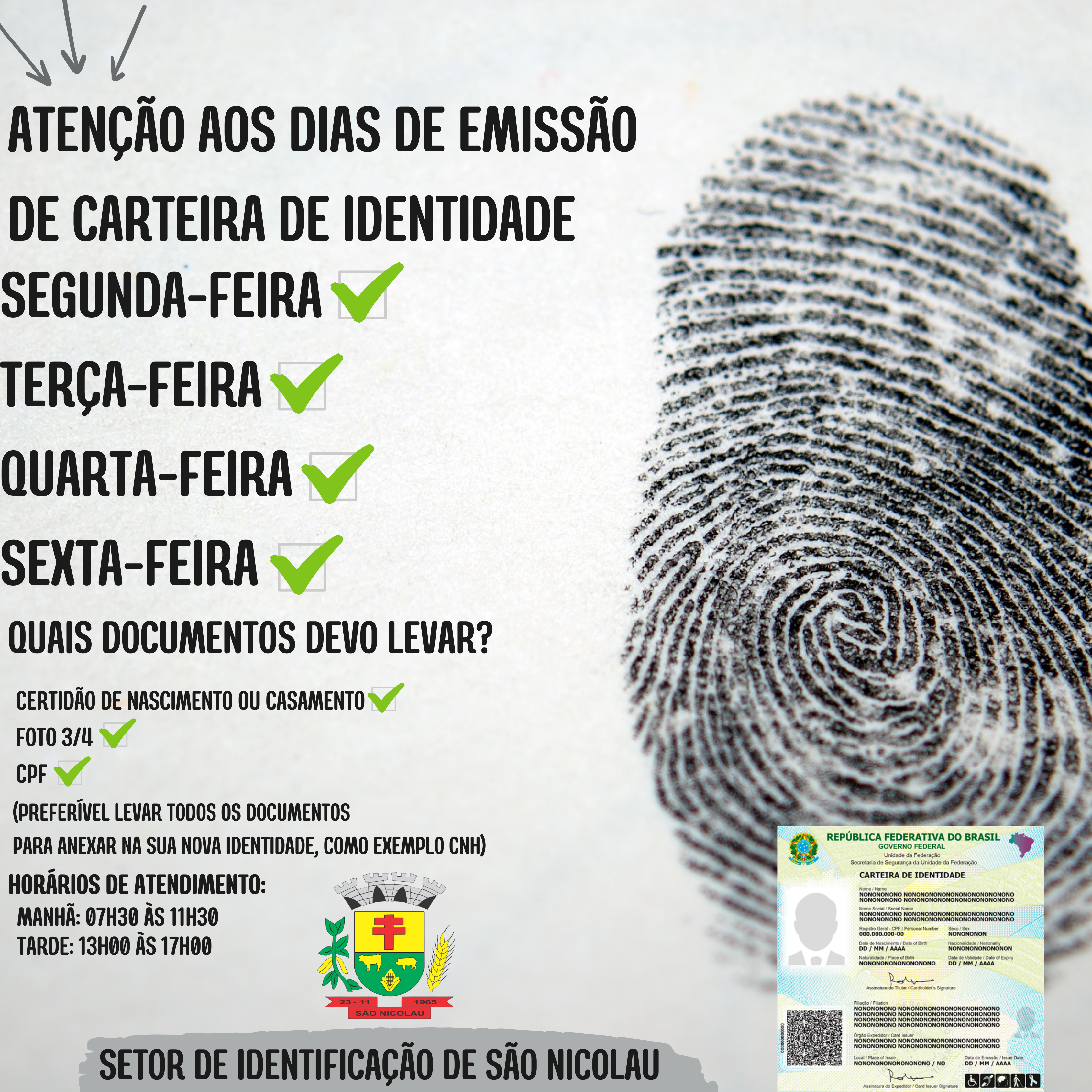 ATENÇÃO PARA EMISSÃO DE CARTEIRAS DE IDENTIDADE