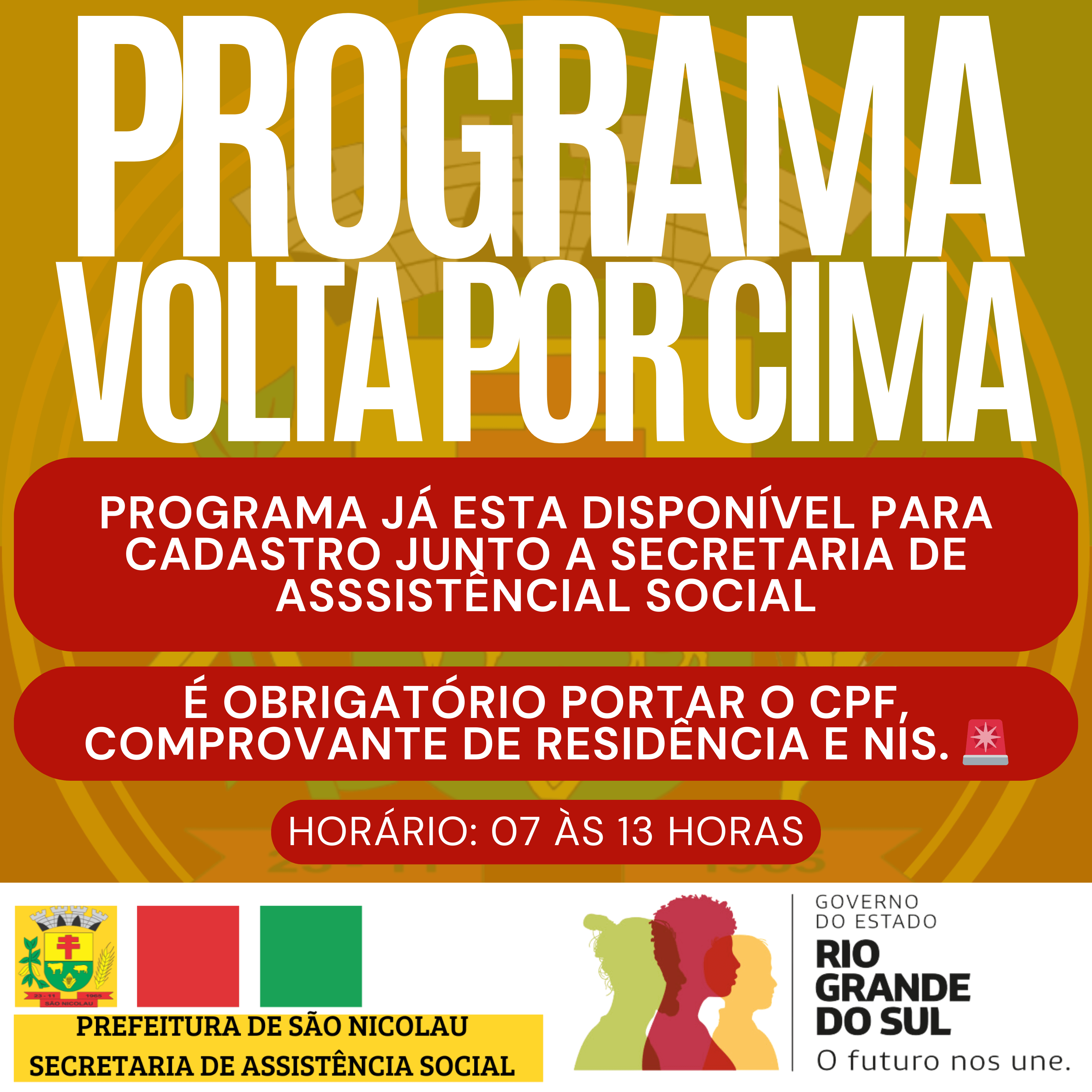 <p>PROGRAMA VOLTA POR CIMA EST&Aacute; DISPON&Iacute;VEL PARA CADASTRO</p>