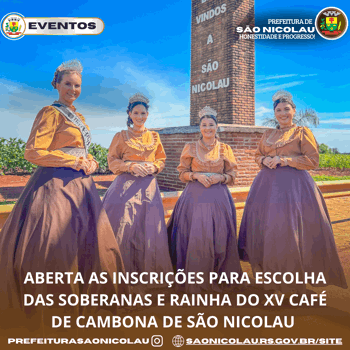 <p>ABERTA AS INSCRI&Ccedil;&Otilde;ES PARA ESCOLHA DAS SOBERANAS E RAINHA DO XV CAF&Eacute; DE CAMBONA DE S&Atilde;O NICOLAU</p>