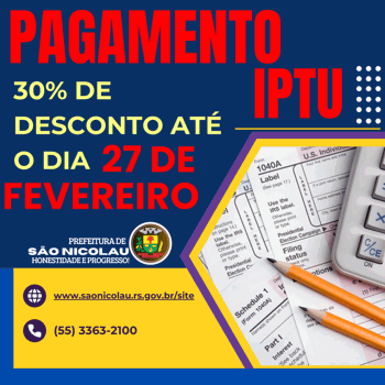 <p>O DESCONTO DO PAGAMENTO DE IPTU SEGUE COM 30% AT&Eacute; NESTA QUINTA-FEIRA (27)</p>