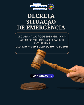 <p>DECRETA SITUA&Ccedil;&Atilde;O DE EMERG&Ecirc;NCIA DEVIDO A ENXURRADAS NO MUNIC&Iacute;PIO&nbsp;</p>