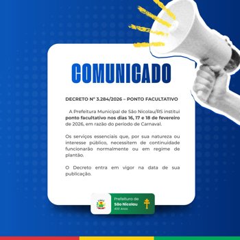 <p data-start="0" data-end="40">📢 <strong data-start="3" data-end="40">Ponto Facultativo &ndash; Carnaval 2026</strong></p>
<p data-start="42" data-end="156">&nbsp;</p>