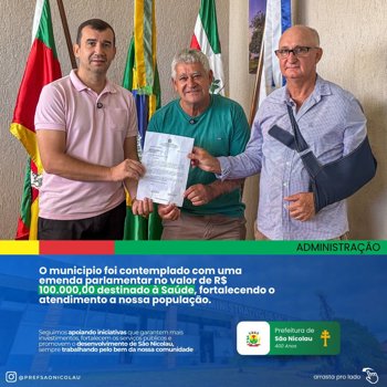 <p><strong>📢 Recebemos com alegria uma emenda no valor de R$ 100 mil para o fortalecimento da sa&uacute;de do nosso munic&iacute;pio.</strong></p>