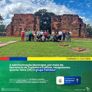 <p><strong>📢 Recebemos em S&atilde;o Nicolau o grupo do Famtour, que integra a programa&ccedil;&atilde;o do Conecta Miss&otilde;es dentro das celebra&ccedil;&otilde;es dos 400 anos das Miss&otilde;es Jesu&iacute;tico-Guarani</strong><br />&nbsp;</p>