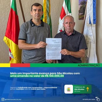 <strong>📢 S&atilde;o Nicolau foi contemplado com o valor de R$ 100.000,00 para a aquisi&ccedil;&atilde;o de um ve&iacute;culo</strong>