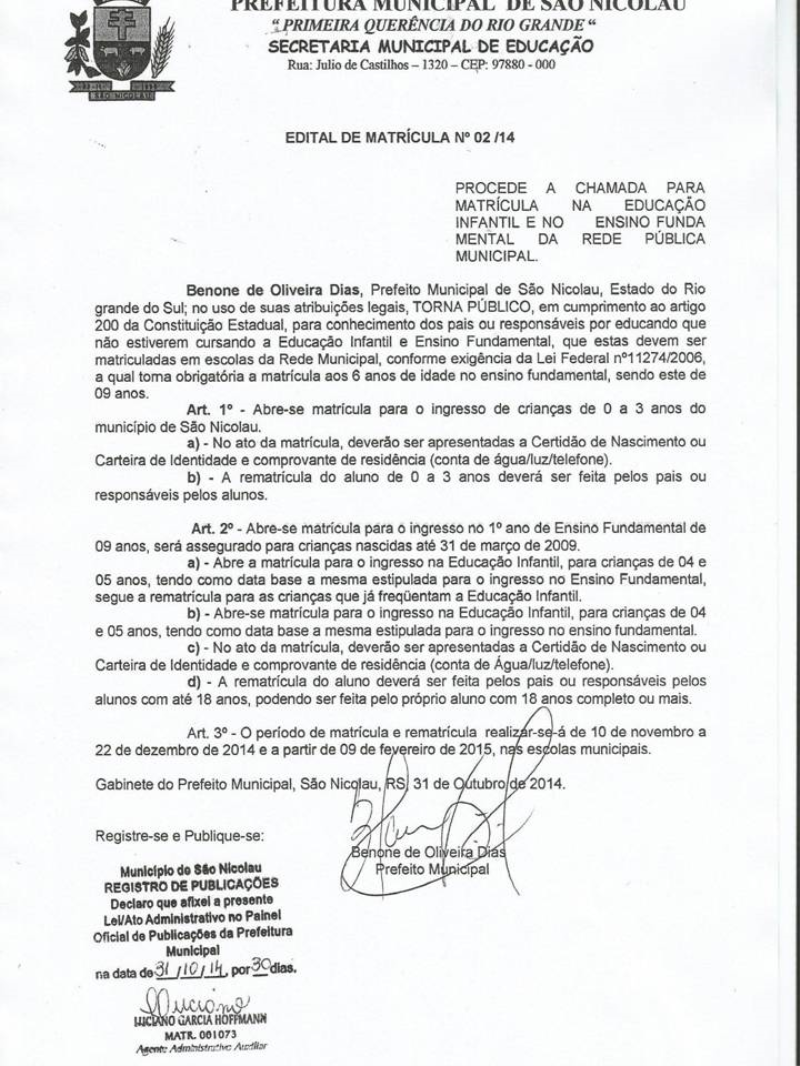 Chamada pública para matriculas na rede municipal