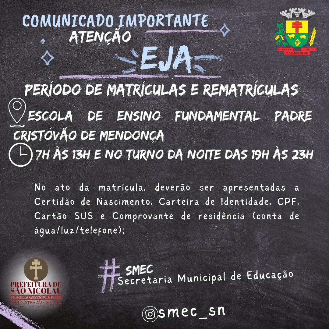 COMUNICADO IMPORTANTE SOBRE A EJA - EDUCAÇÃO DE JOVENS E ADULTOS