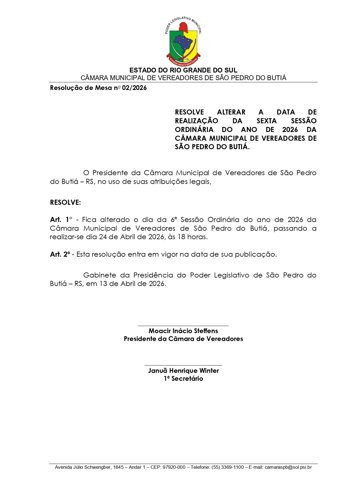 ALTERA&Ccedil;&Atilde;O DE DATA DA SEXTA SESS&Atilde;O ORDIN&Aacute;RIA DO ANO DE 2026 PARA SEXTA FEIRA,&nbsp;&Agrave;S 18:00, DO DIA 24/04/26.