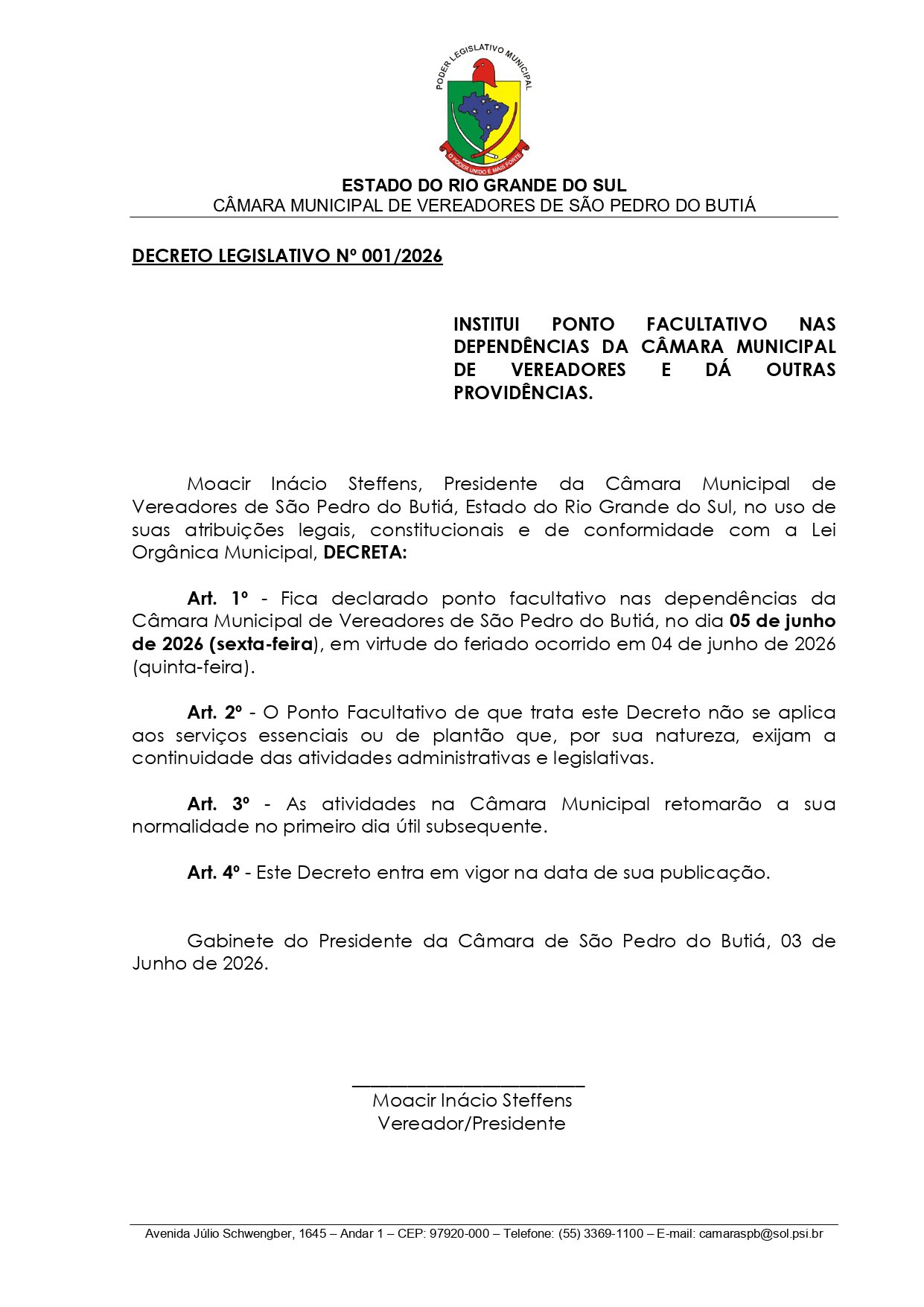 Decreto 01/2026 - Ponto facultativo no dia 05-06-26