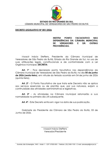 Decreto 01/2026 - Ponto facultativo no dia 05-06-26