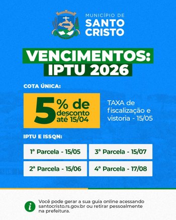 <p>IPTU 2026 &ndash; Fique atento aos vencimentos!</p>