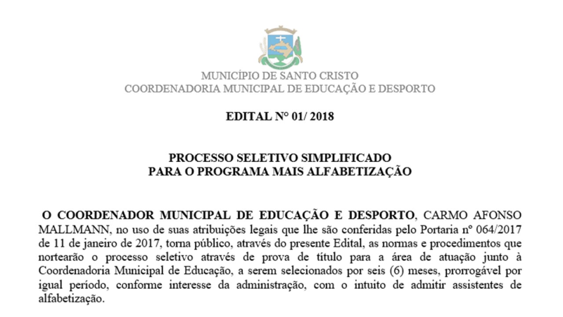 PROCESSO SELETIVO - PROGRAMA MAIS ALFABETIZAÇÃO