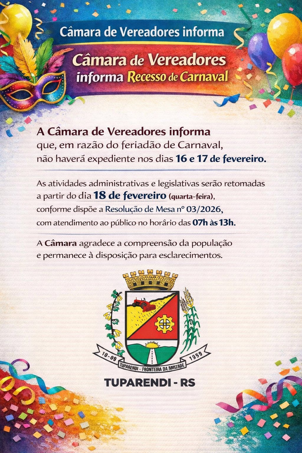 <p>Câmara de Vereadores informa Recesso de Carnaval</p>
