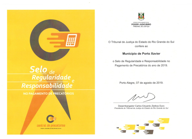 PORTO XAVIER RECEBE SELO DE REGULARIDADE E RESPONSABILIDADE DO TJ/RS